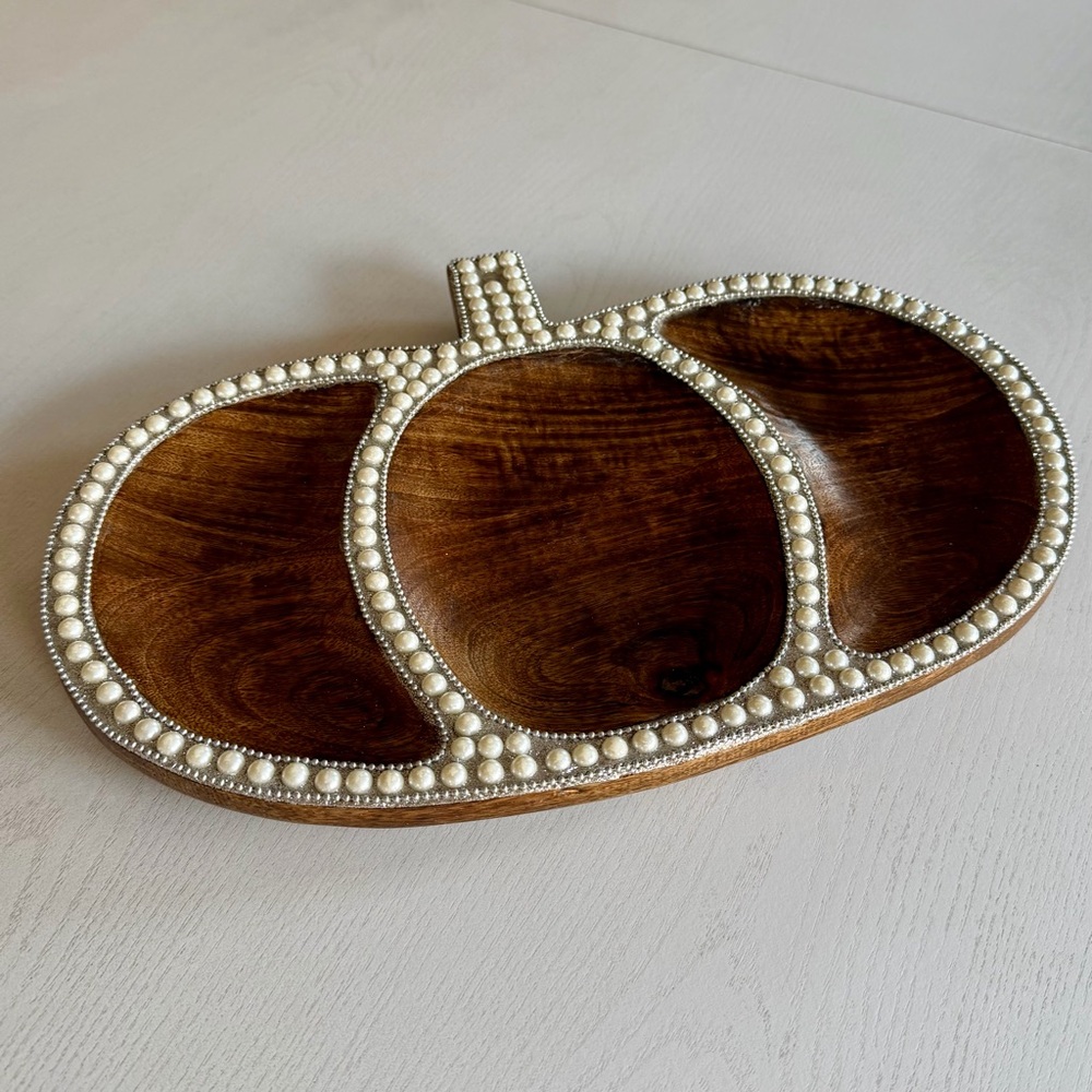 Bella LUX Wooden Pumpkin Tray with Pearl Accents, Made in India